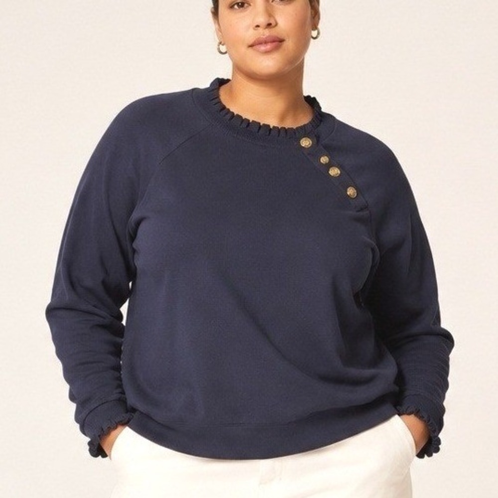 Talbots Women Sweatshirt 2XP Navy Blue Ruffle Neck Gold Button Coastal Preppy